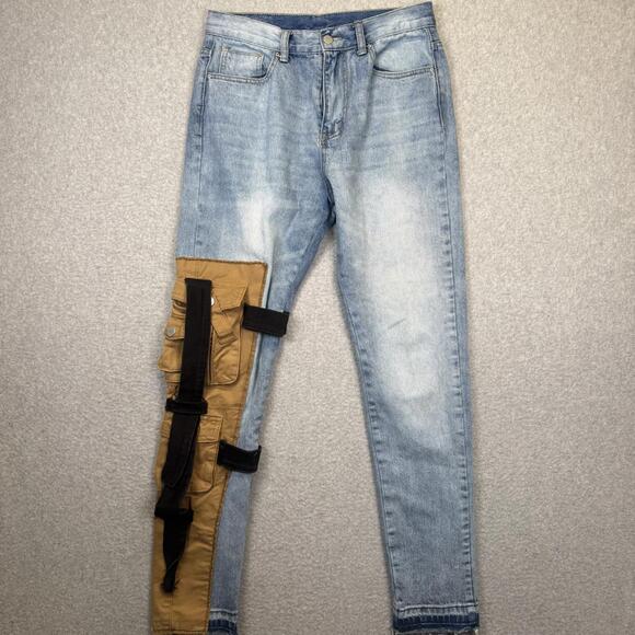 MNML Jeans Cargo Tapered Frayed Hems Men's Blue 32 L 30